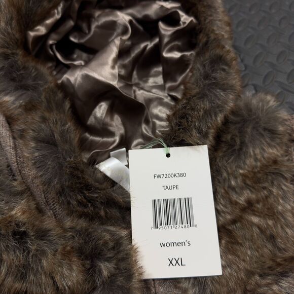 Green Tea Sweater Vest Womens 2XL Taupe Faux Fur Trim Lined Hooded Hand Pockets - Picture 5 of 9